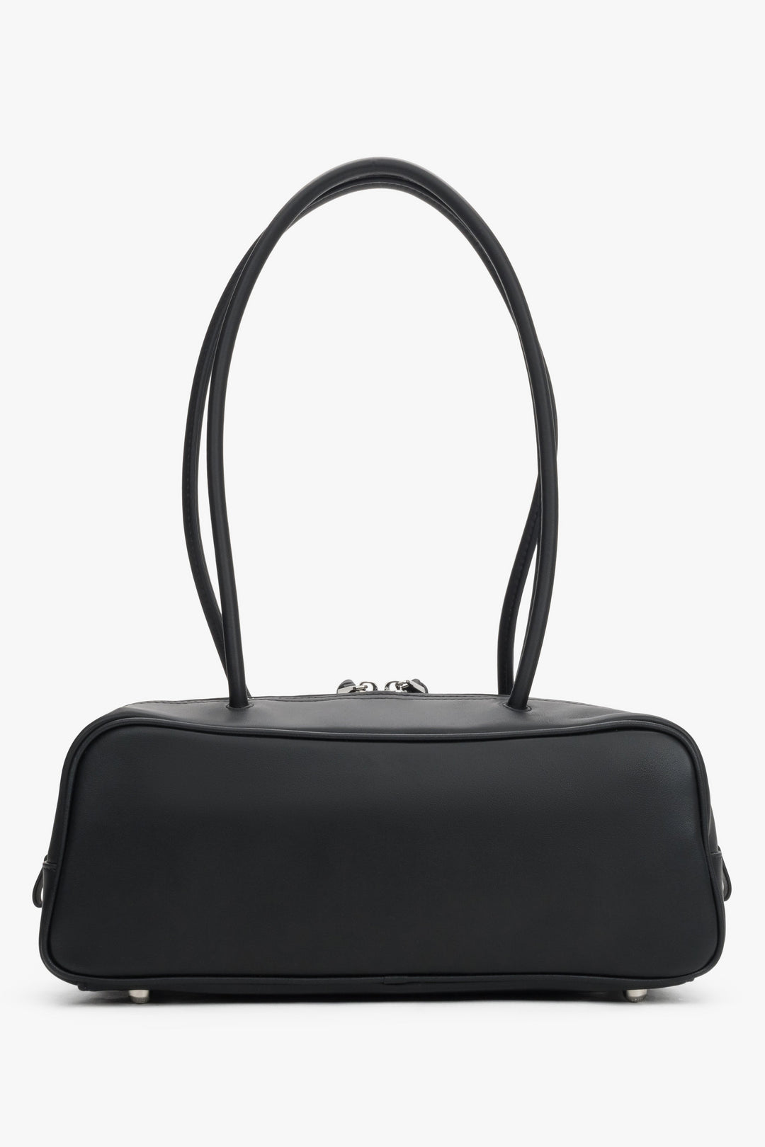 Compact structured shoulder bag in genuine leather with textile lining and tassel details.