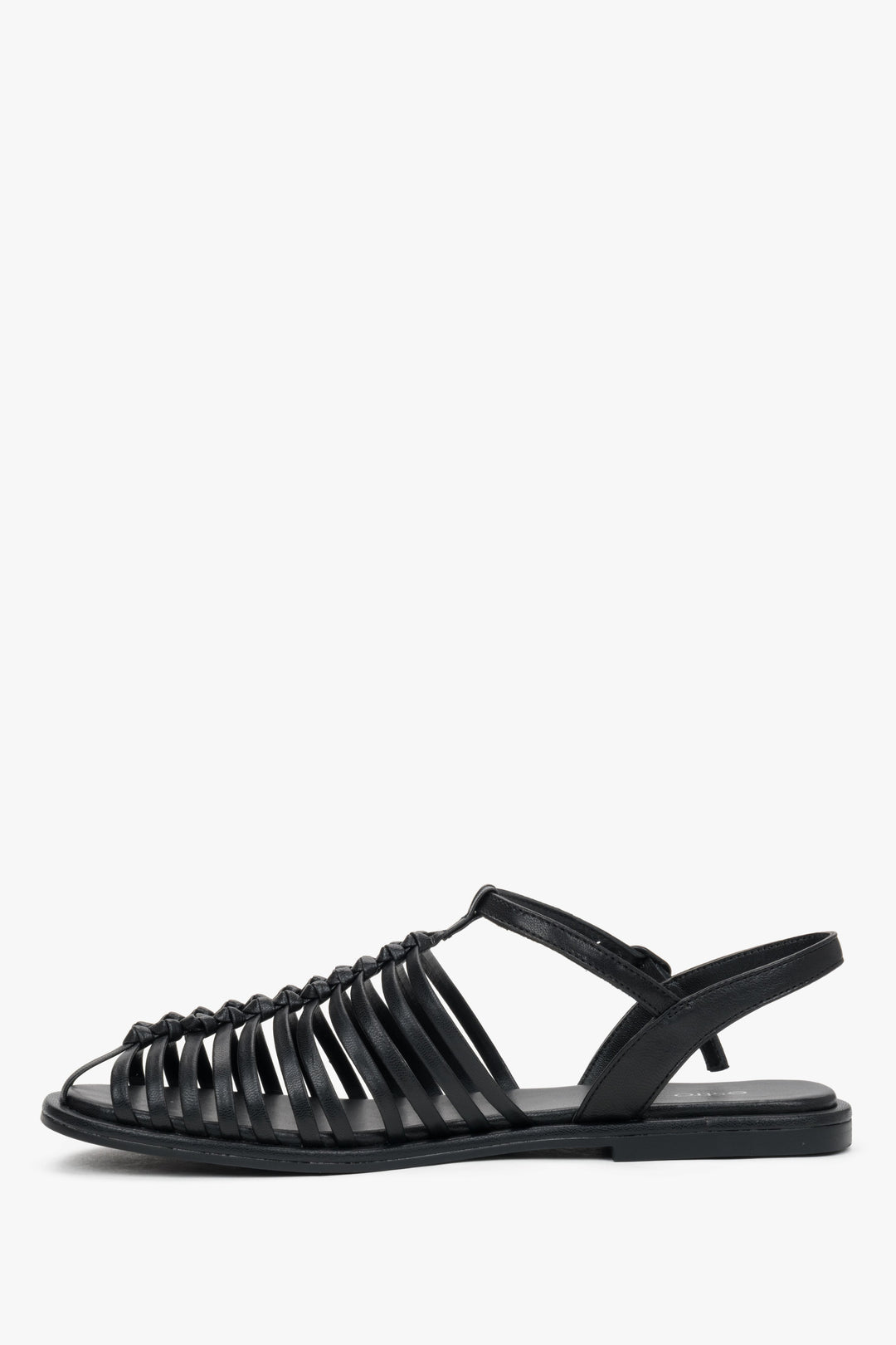 Elegant black genuine leather closed-toe sandals with a flat heel.