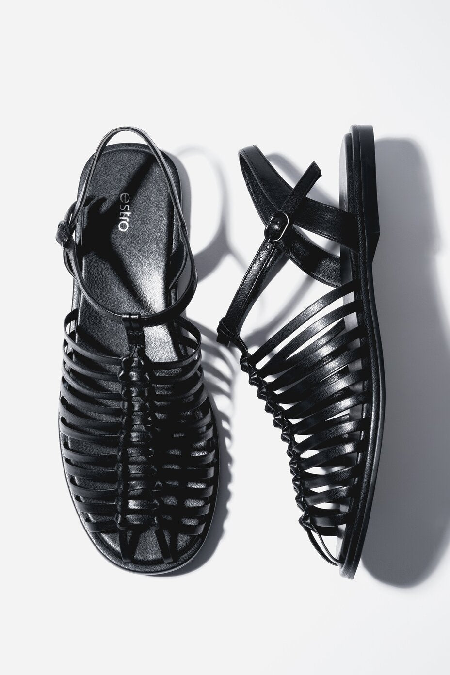 Women's Black Leather Thin-Strap Fisherman Sandals Estro ER00119453.