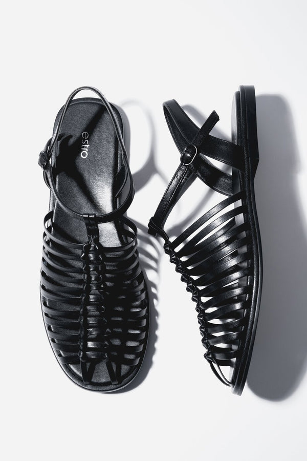 Women's Black Leather Thin-Strap Fisherman Sandals Estro ER00119453.