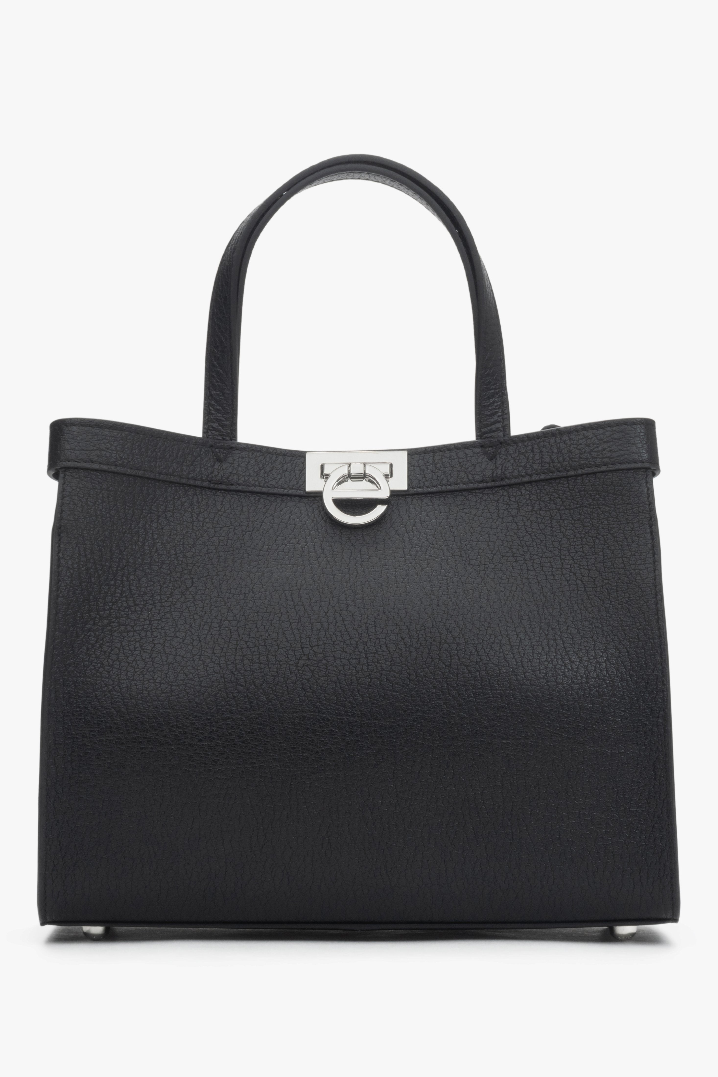 Women’s Black Leather Tote Bag with Silver Hardware Estro ER00118896.
