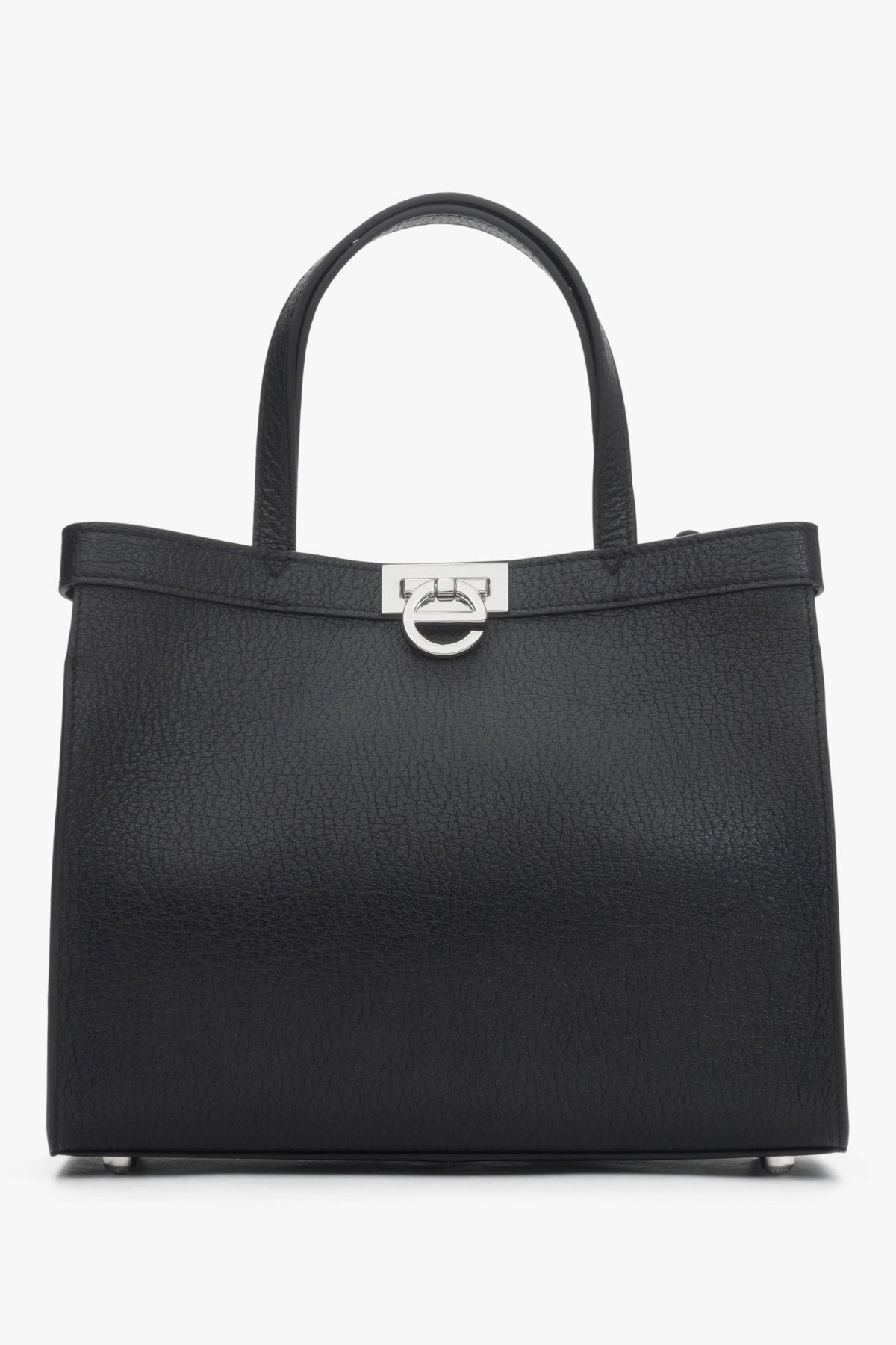 Women’s Black Leather Tote Bag with Silver Hardware Estro ER00118896.