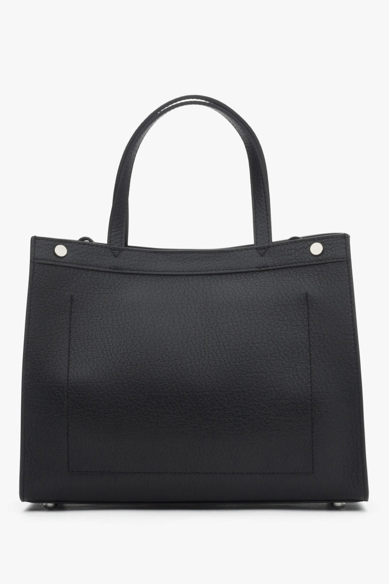 Elegant black leather shoulder bag with silver hardware and a structured silhouette.