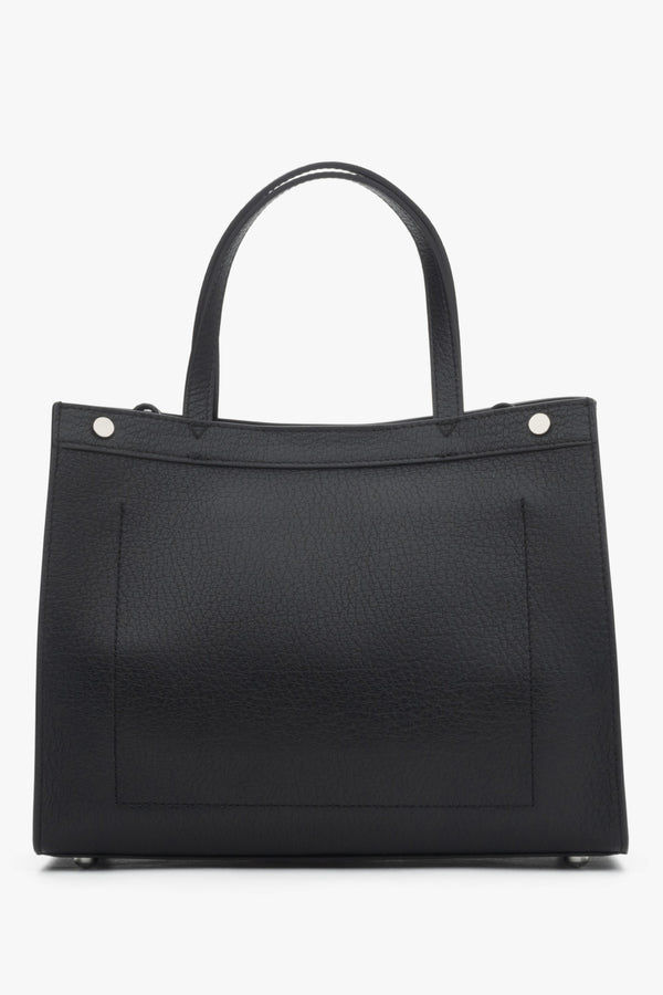 Elegant black leather shoulder bag with silver hardware and a structured silhouette.