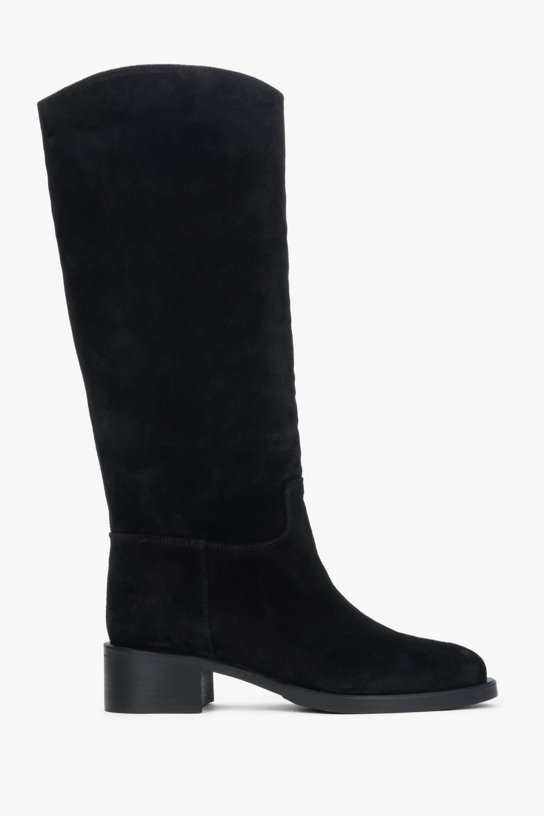 Estro – black women’s knee-high boots made of natural velour on a low heel.
