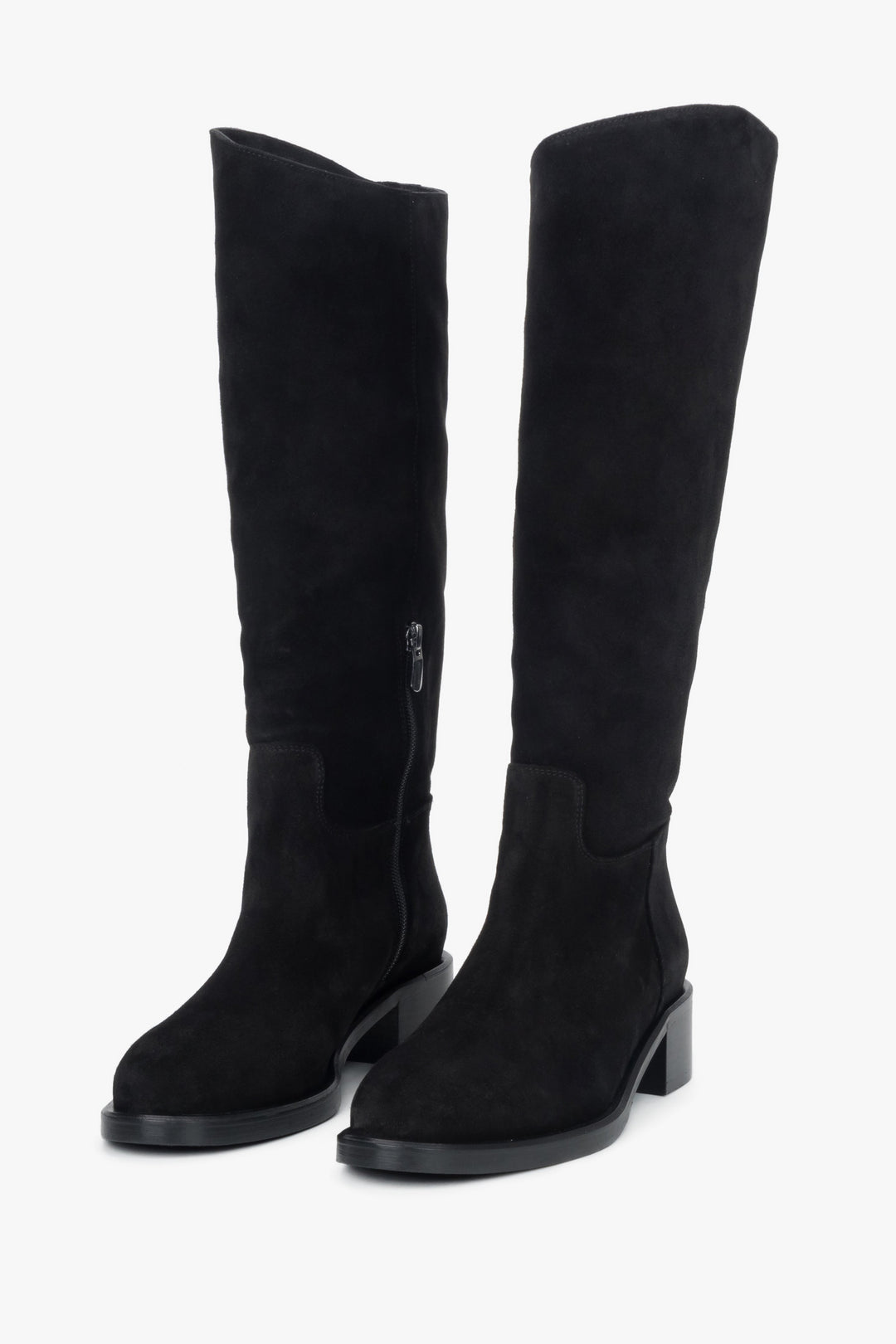 Women’s black knee-high boots made of natural velour on a low heel Estro.