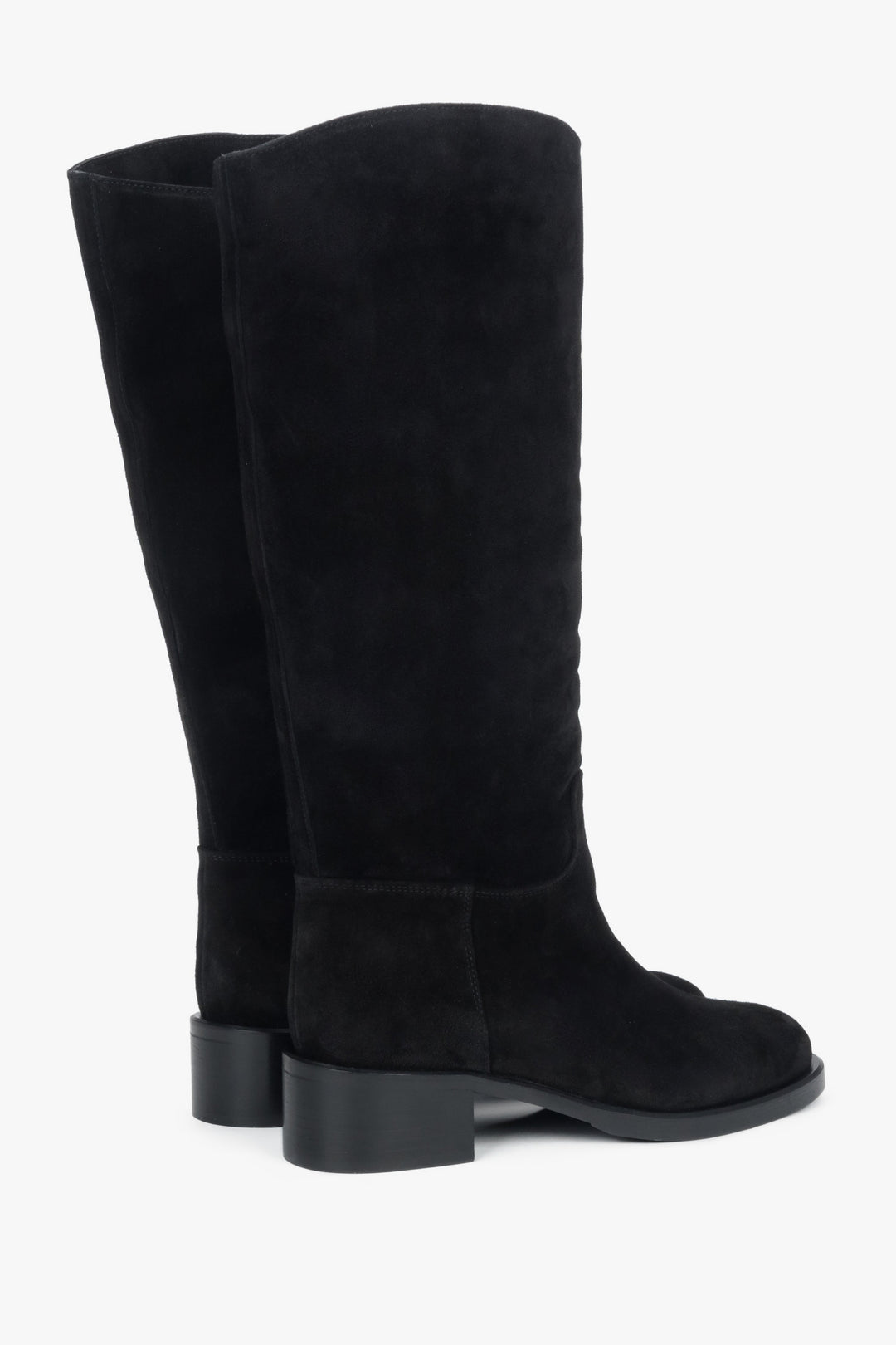 Made of natural velour, black women’s knee-high boots on a low heel Estro.
