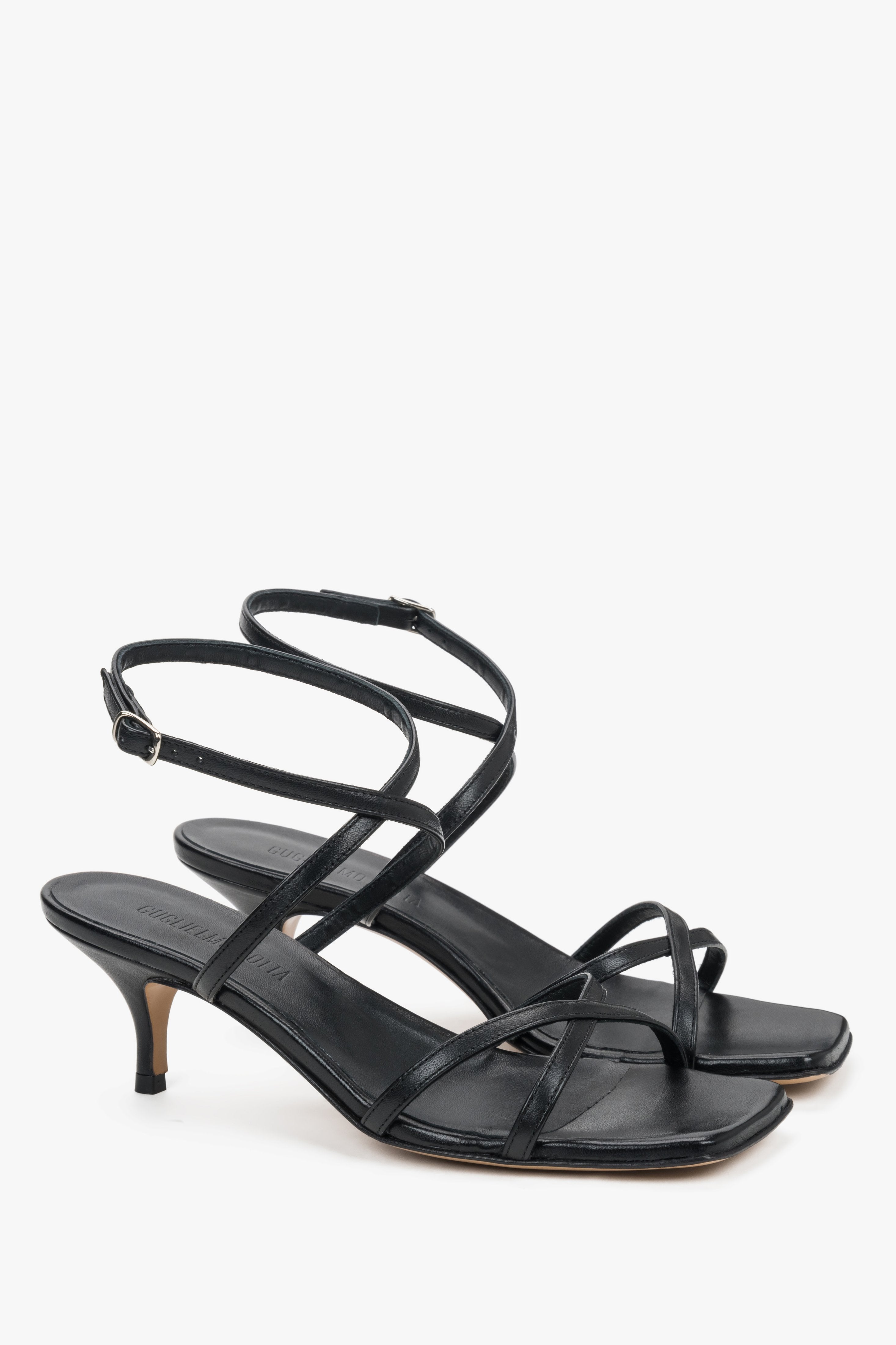 Women's black premium Italian leather sandals with a 6.5 cm flare heel by Guglielmo Rotta.