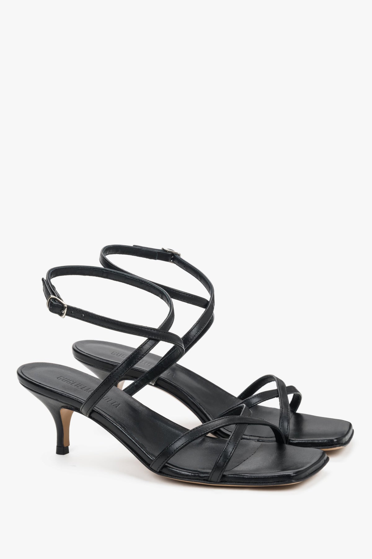 Women's black premium Italian leather sandals with a 6.5 cm flare heel by Guglielmo Rotta.