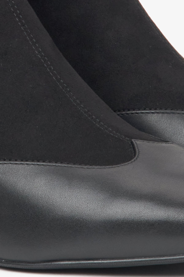 Women's low-heeled black ankle boots in a combination of leather and soft textiles, designed by Estro - details.