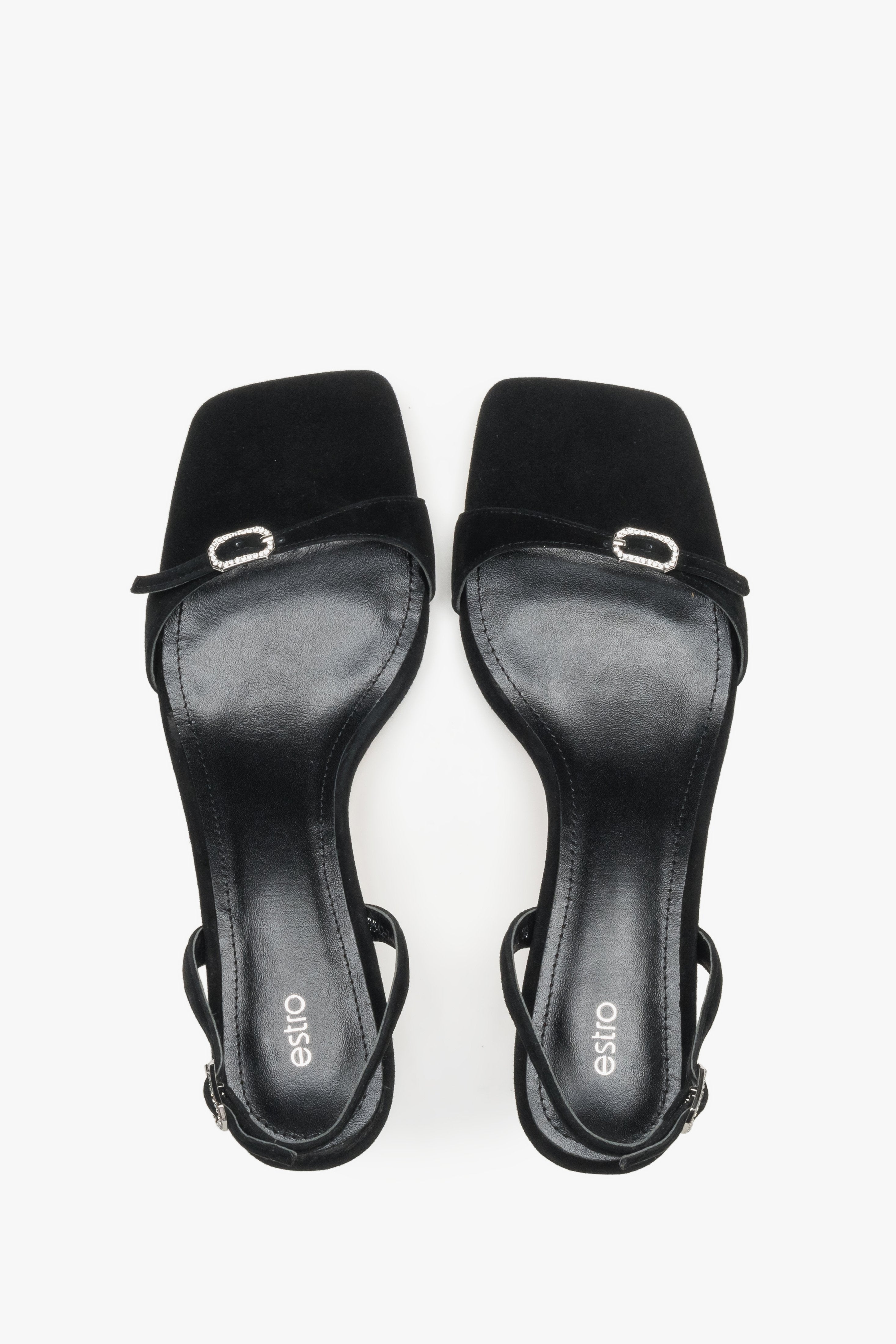Women’s low-heel sandals, black, made of genuine velour, by Estro – top view.