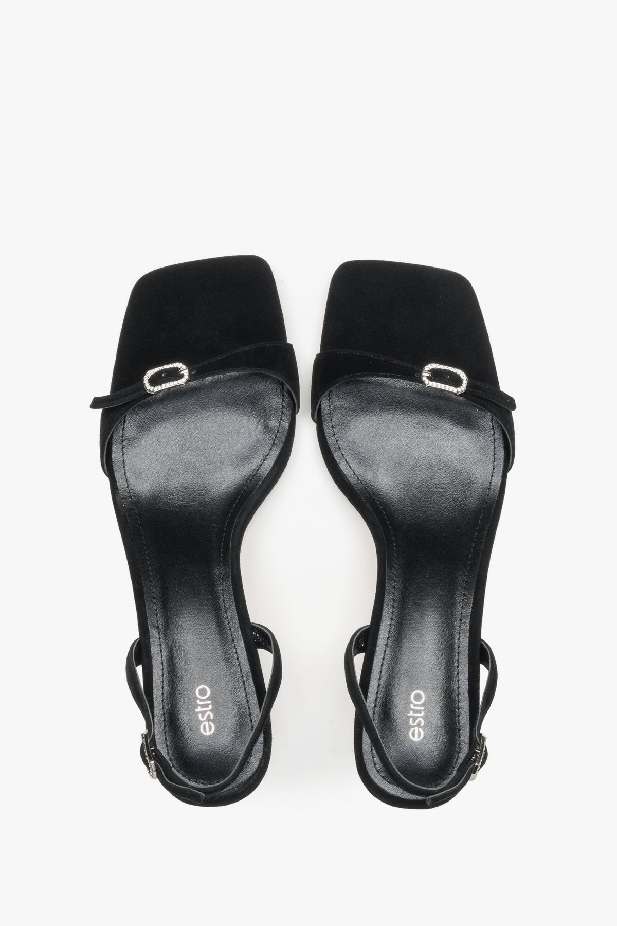 Women’s low-heel sandals, black, made of genuine velour, by Estro – top view.