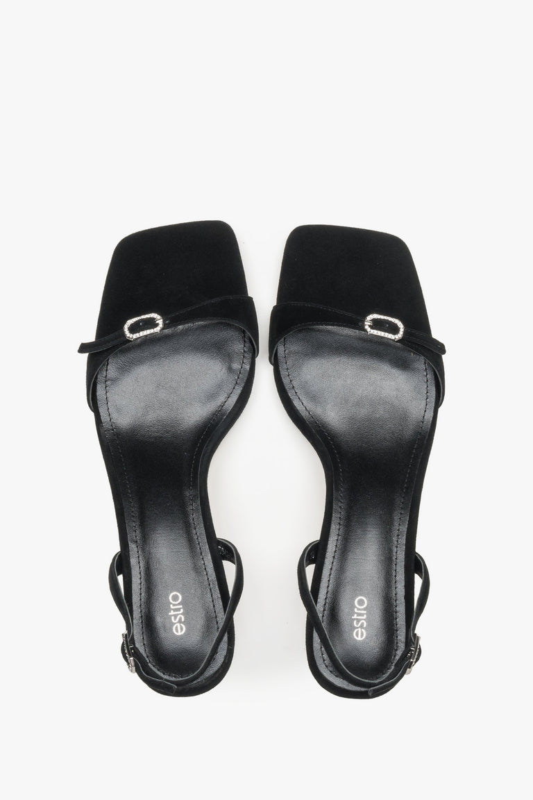 Women’s low-heel sandals, black, made of genuine velour, by Estro – top view.