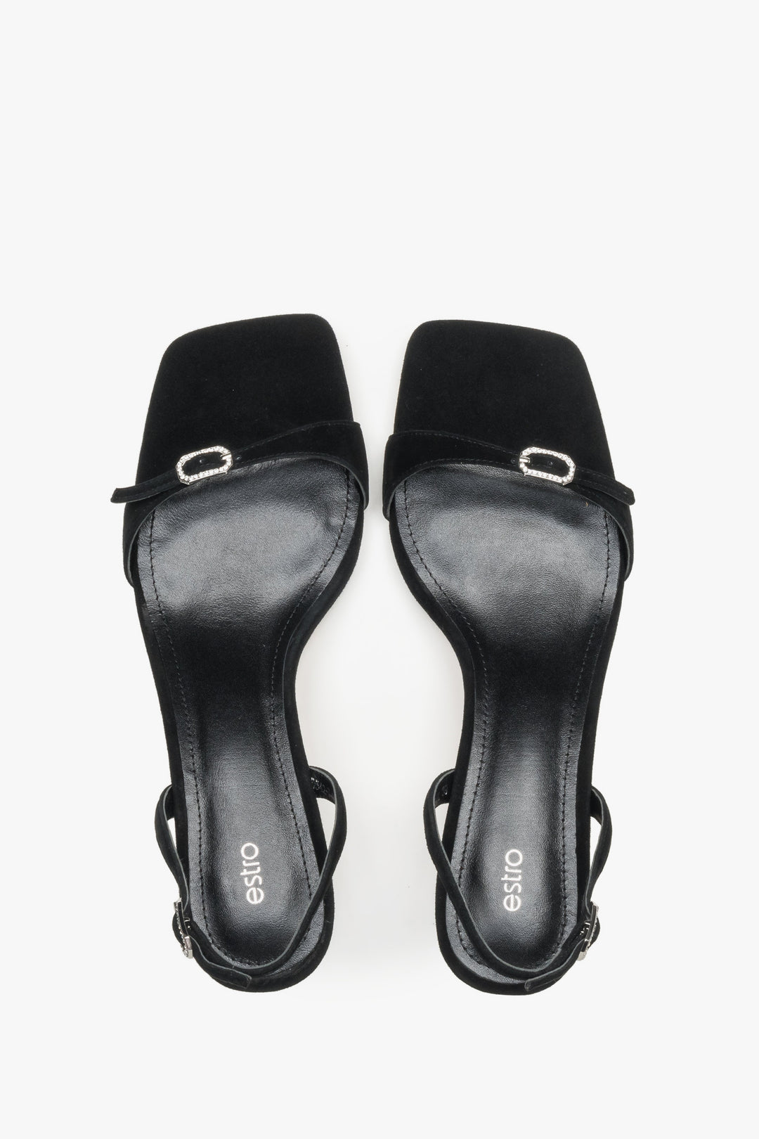 Women’s low-heel sandals, black, made of genuine velour, by Estro – top view.