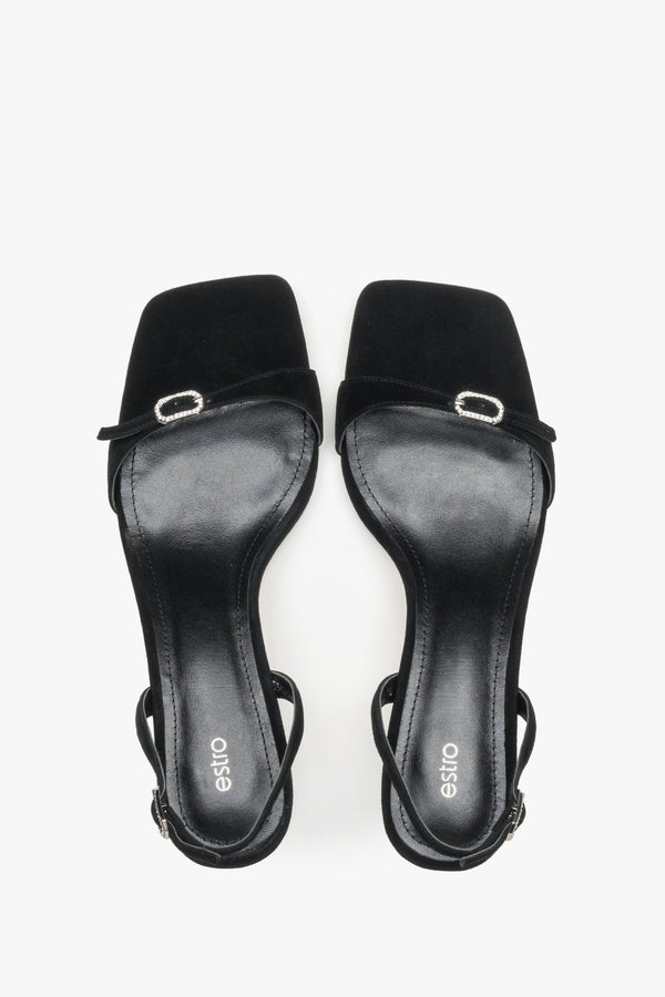 Women’s low-heel sandals, black, made of genuine velour, by Estro – top view.
