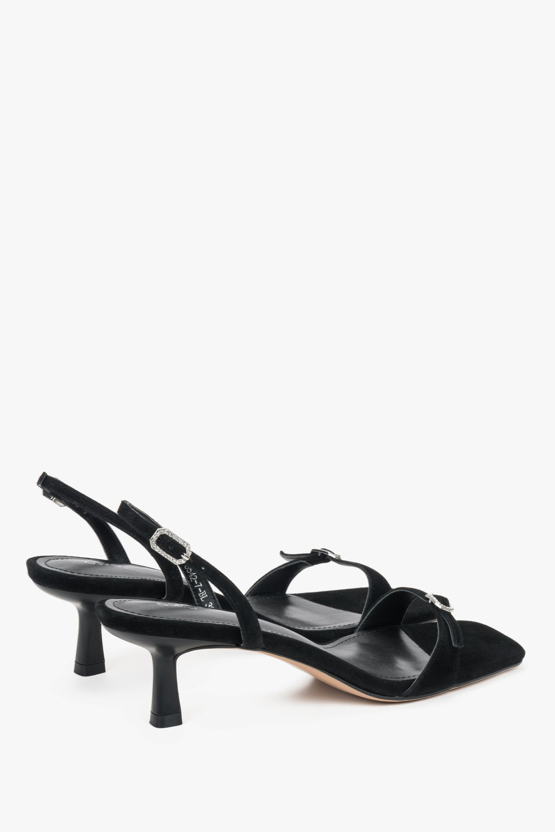 Women’s black low-heel sandals made of genuine velour by Estro – heel view.