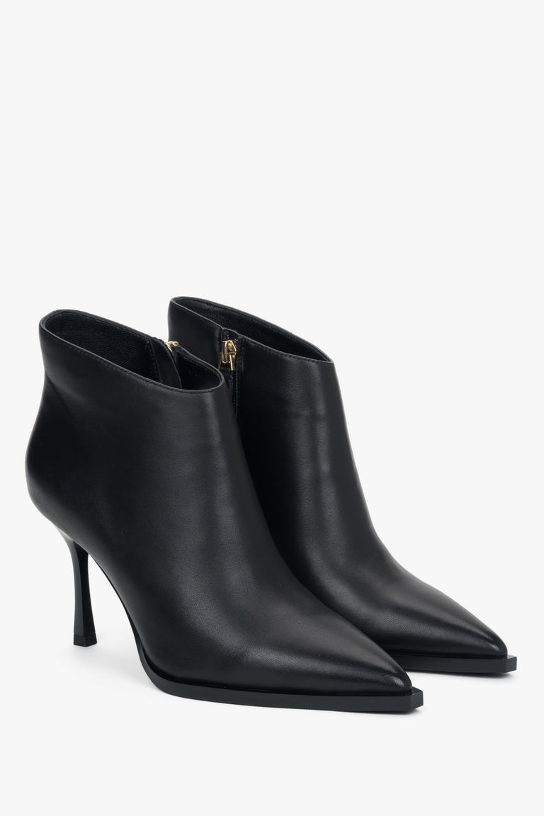 Pointed-toe low black women’s high-heeled ankle boots in genuine leather Estro.