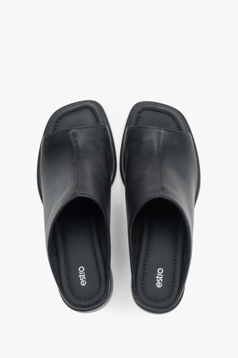 Women’s mules, black, made of genuine leather, with a stable block heel, Estro.