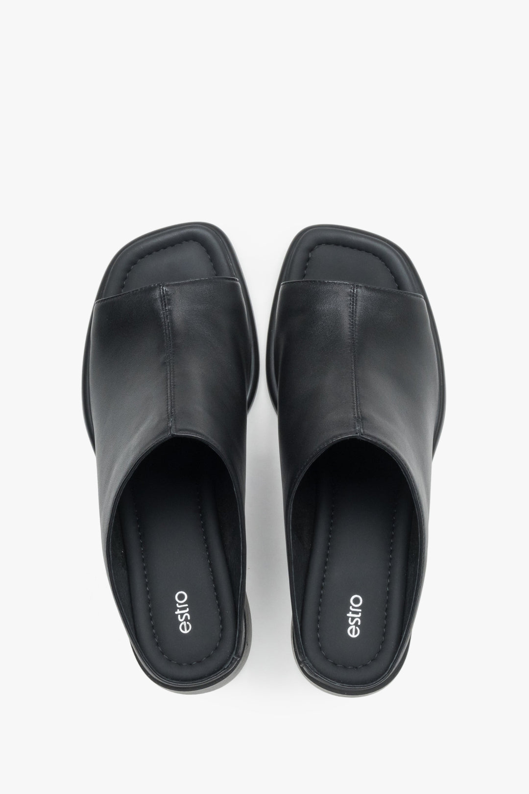 Women’s mules, black, made of genuine leather, with a stable block heel, Estro.