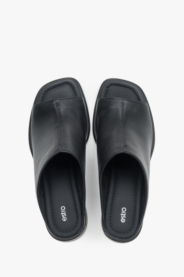 Women’s mules, black, made of genuine leather, with a stable block heel, Estro.