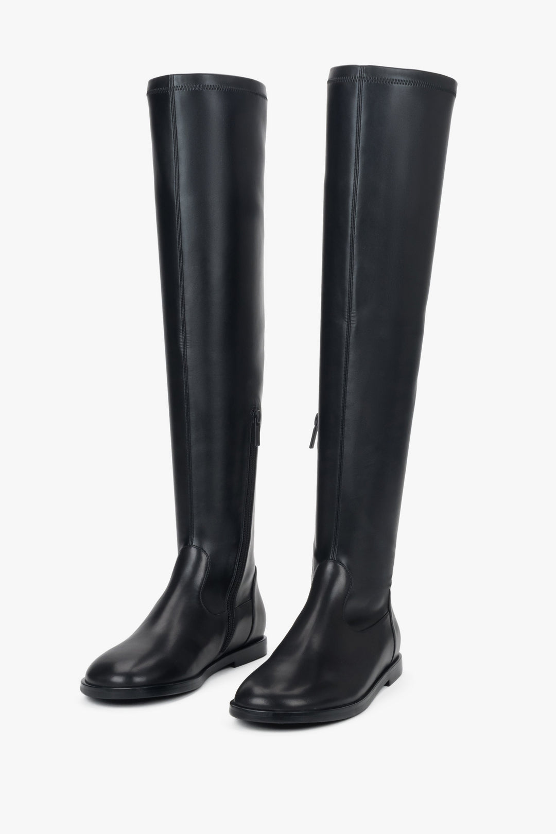 Women’s black over-the-knee boots made of natural leather and stretch Estro.