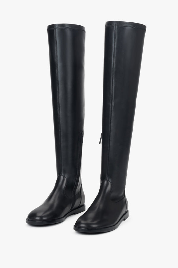 Women’s black over-the-knee boots made of natural leather and stretch Estro.