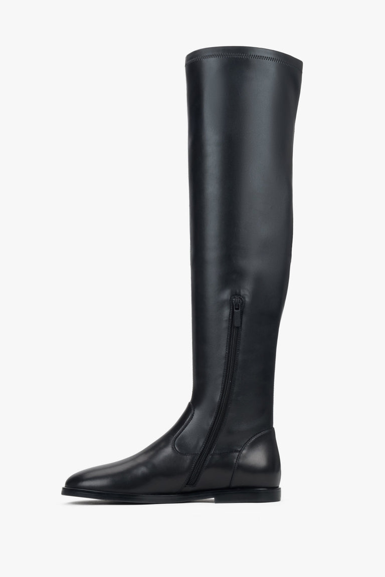 Women’s over-the-knee boots Estro, black, made of natural leather and stretch.