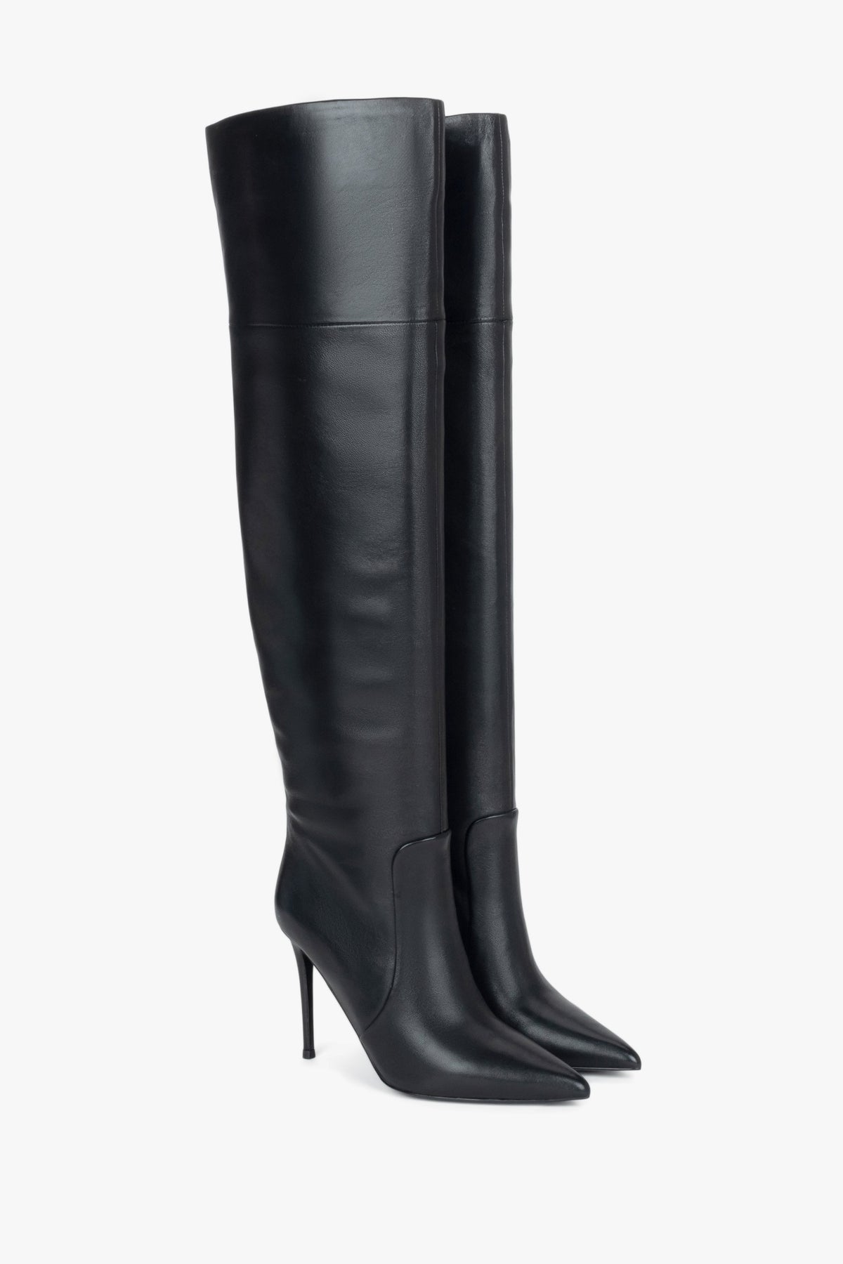 Black women’s over-the-knee stiletto boots made of elastic natural leather.