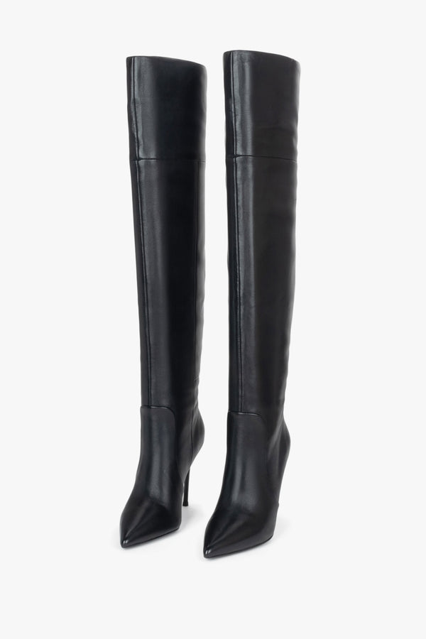 Women’s black over-the-knee stiletto boots made of elastic natural leather Estro.
