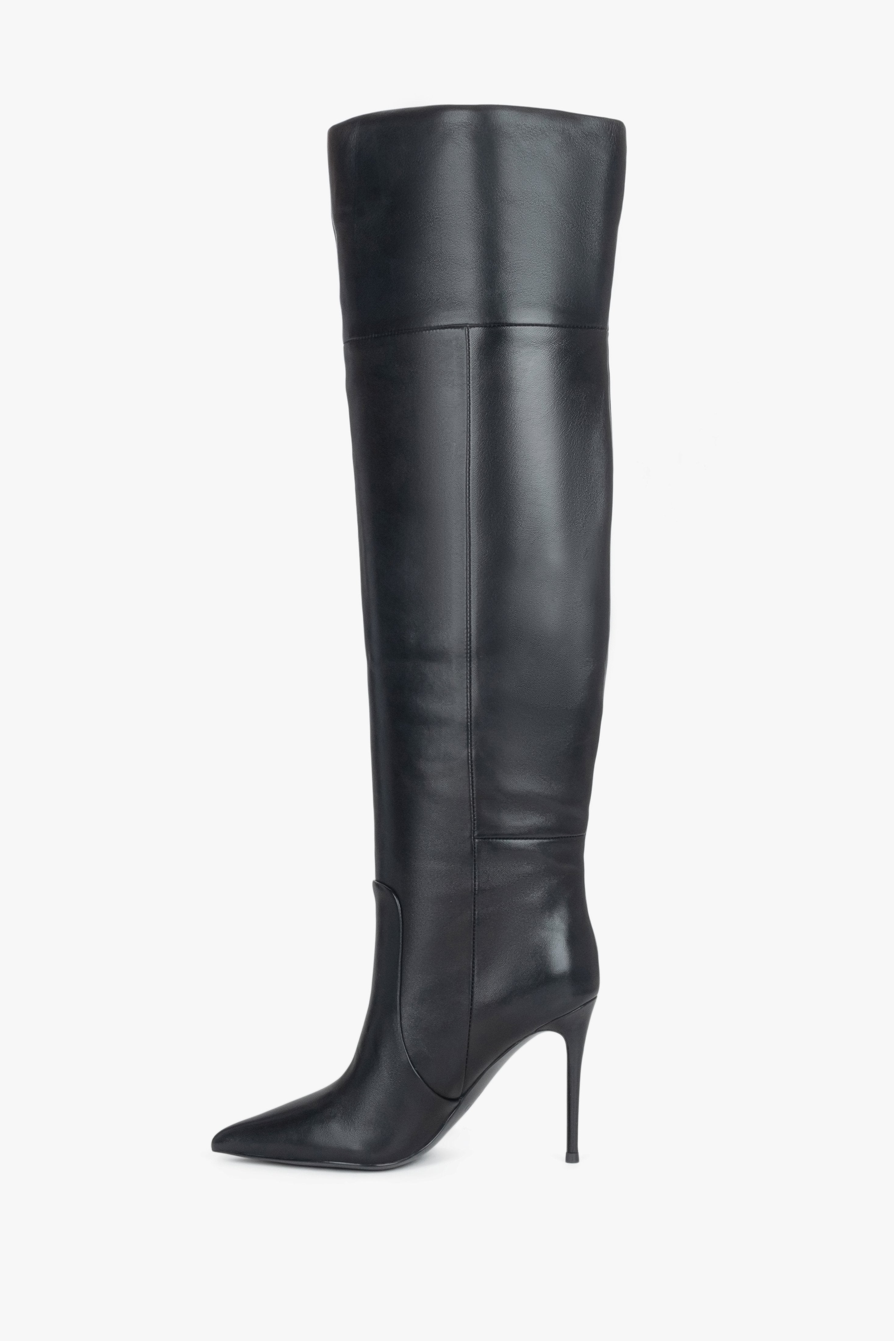 Women’s over-the-knee stiletto boots, black, made of elastic natural leather, Estro.