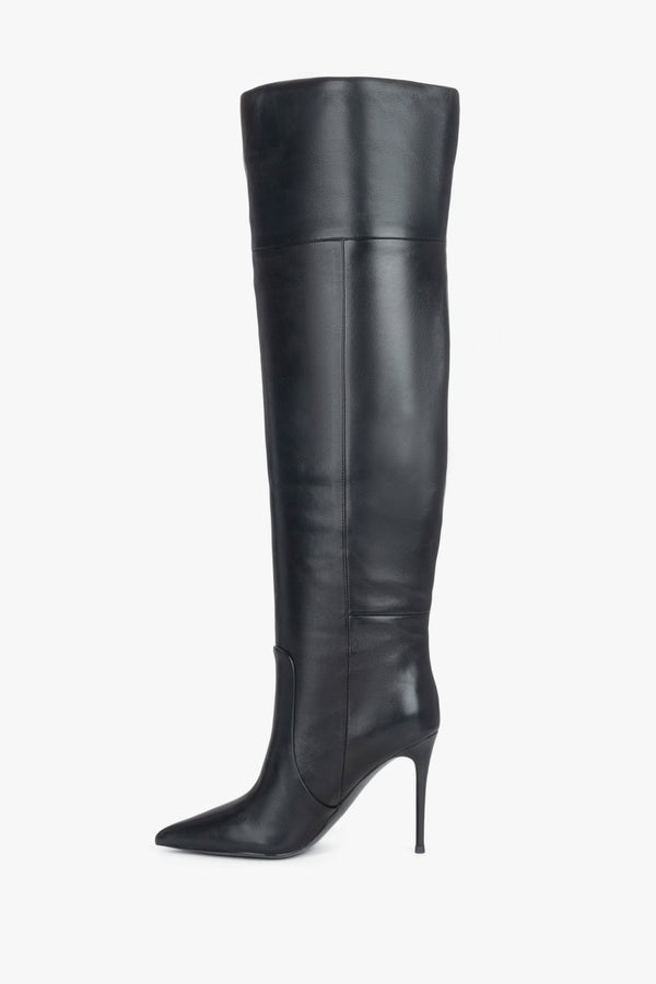 Women’s over-the-knee stiletto boots, black, made of elastic natural leather, Estro.