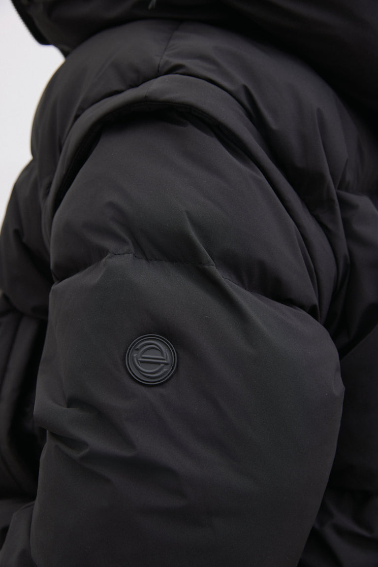 Fashionable Black Women's Oversized Jacket with Removable Sleeves.