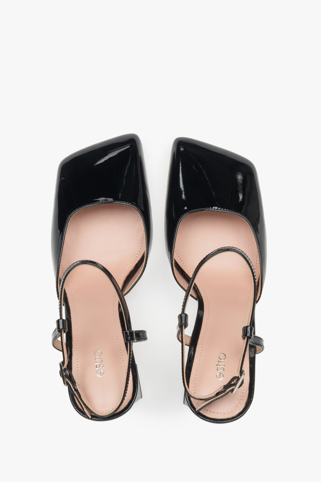 Women’s black block heel sandals in patent leather by Estro – top view.