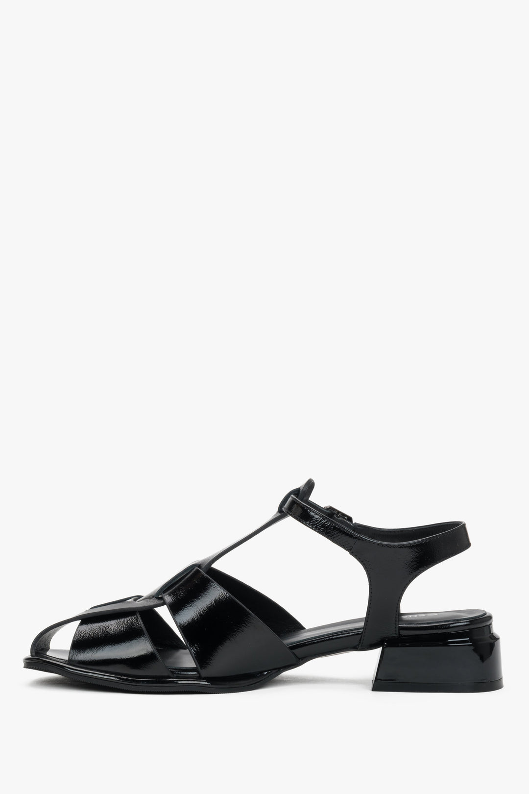 Women's black low block heel sandals made of genuine patent leather Estro.