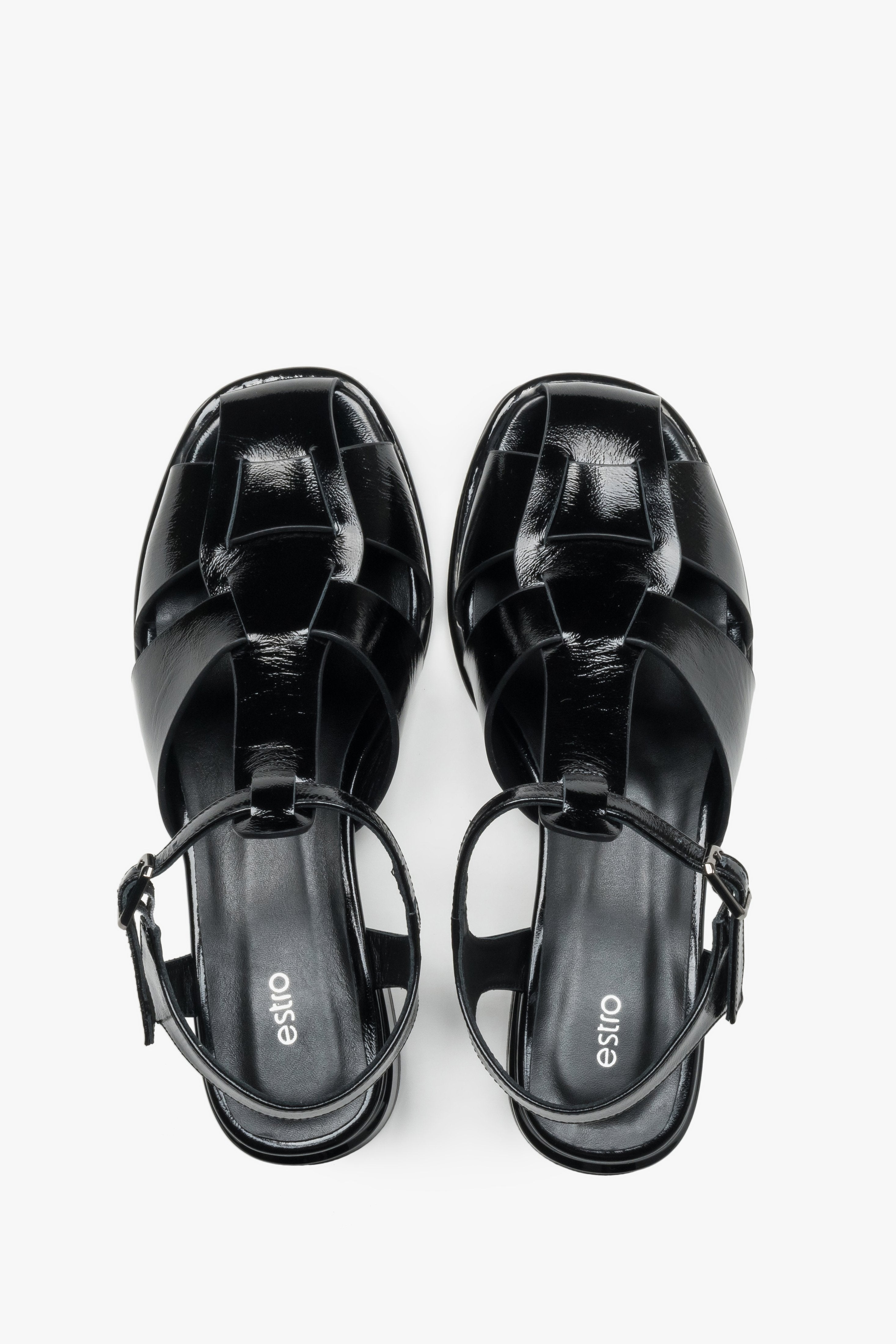Women's sandals, black, on a low block heel, made of genuine patent leather, Estro.