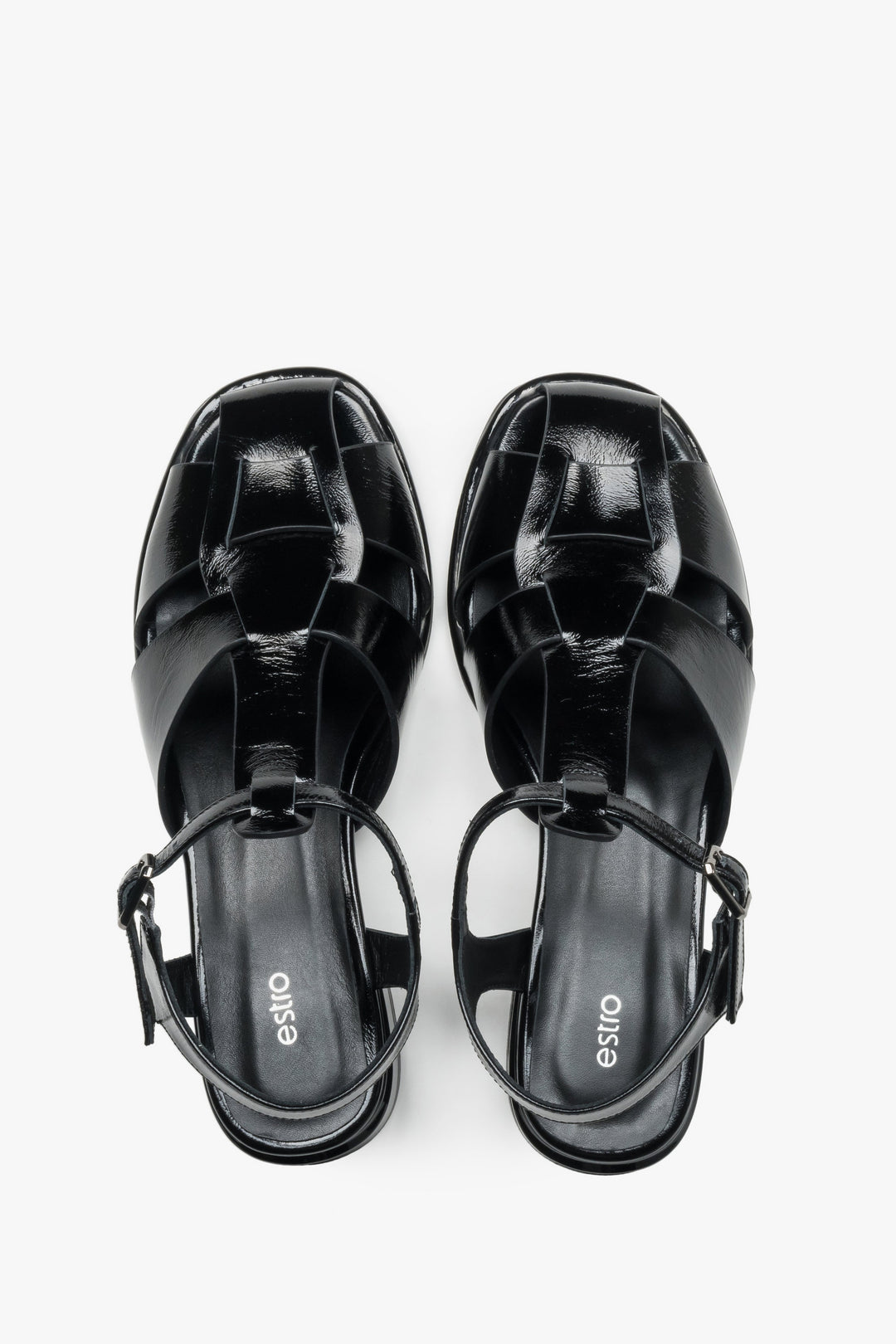 Women's sandals, black, on a low block heel, made of genuine patent leather, Estro.