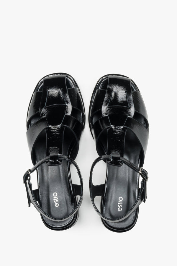 Women's sandals, black, on a low block heel, made of genuine patent leather, Estro.
