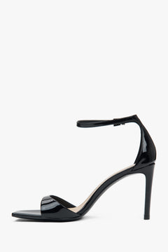 Women’s black sandals, made of patent natural leather, on a stable block heel, Estro.