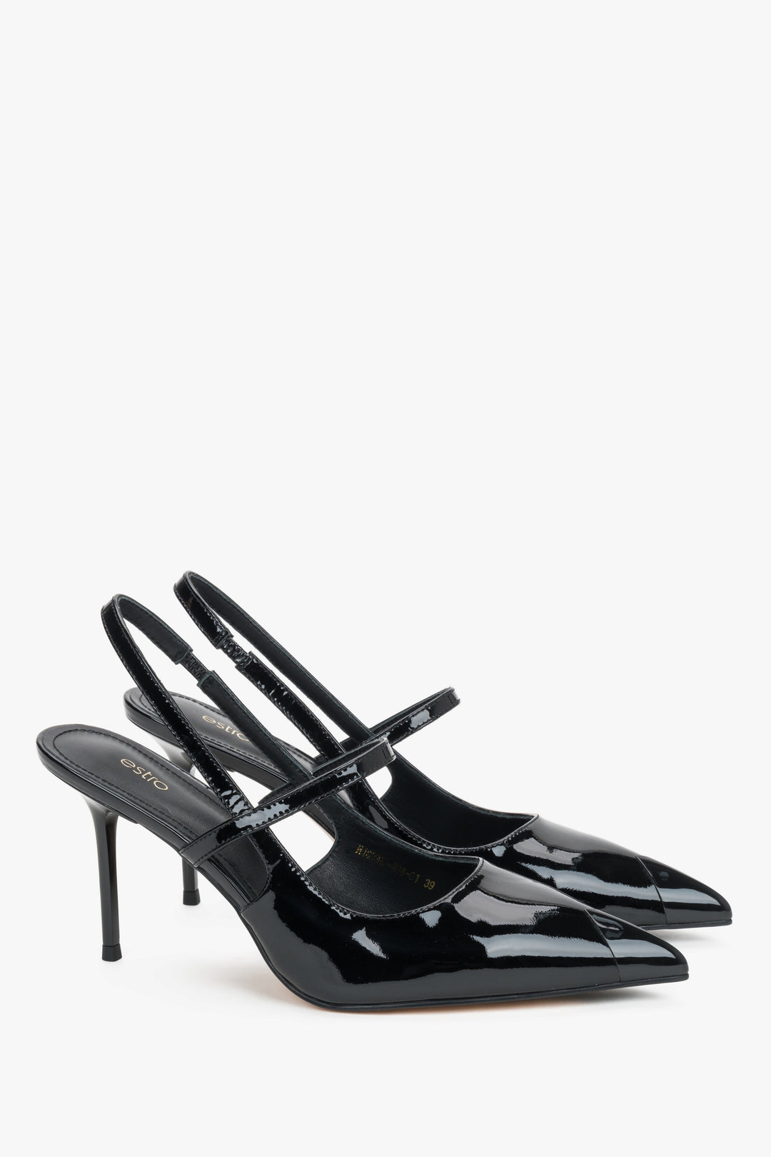 Elegant black patent leather heels featuring a pointed toe and stabilizing foot strap.
