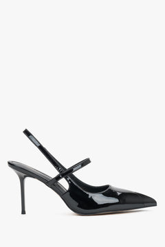 Estro luxury black patent pumps with a soft natural chevro kidskin lining.