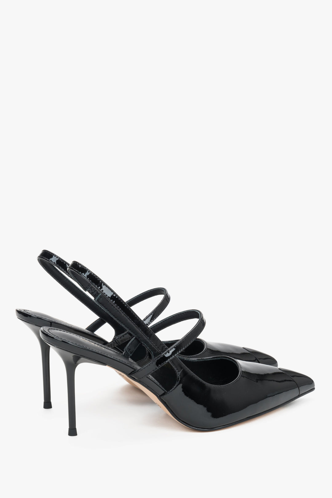 High-fashion black patent stiletto pumps, perfect for evening wear and red carpet events.