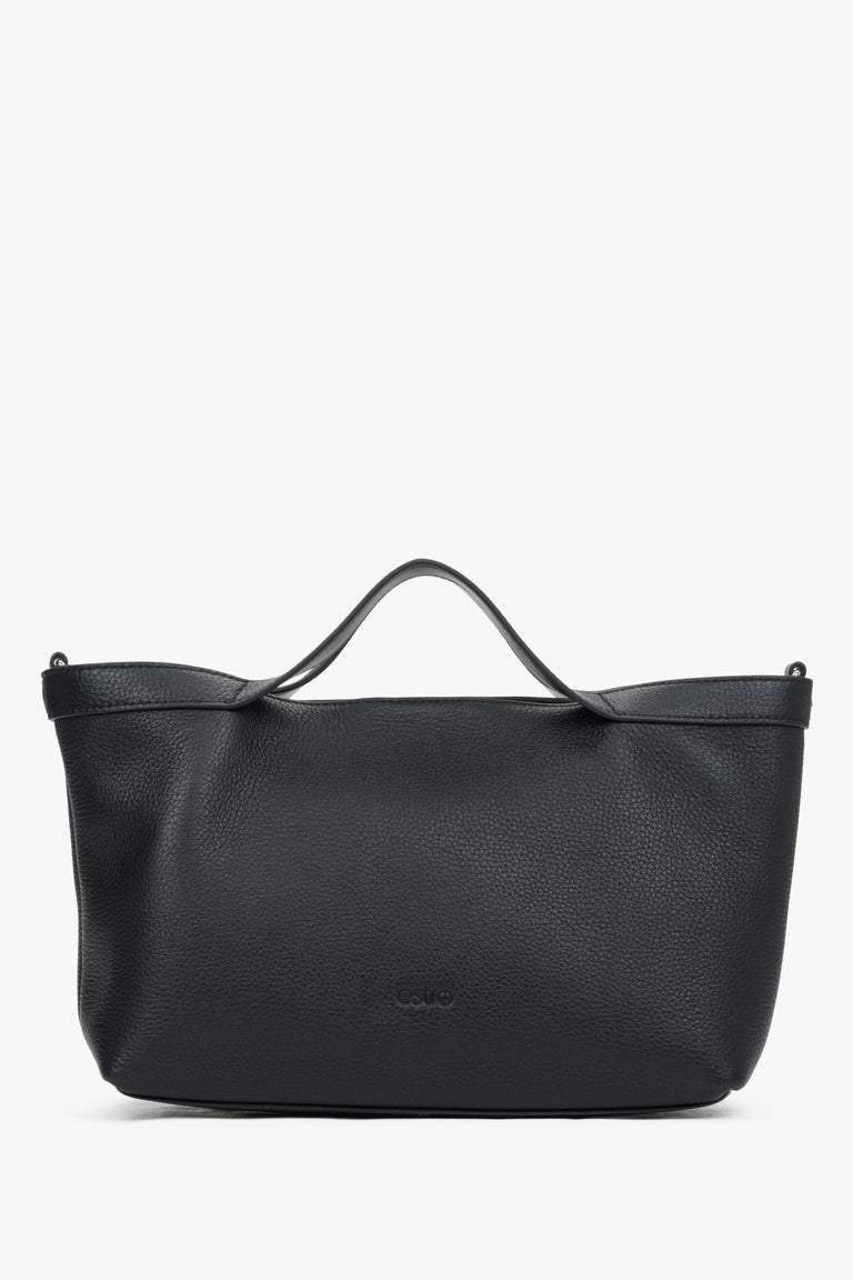 Women's Black Pebbled Genuine Leather Tote Bag with Short Handles Estro ER00120126.
