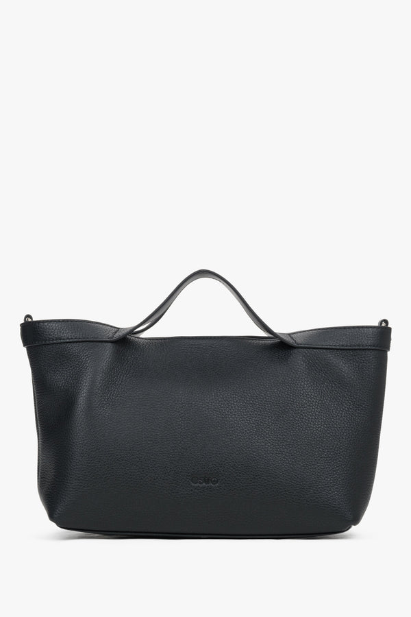 Women's Black Pebbled Genuine Leather Tote Bag with Short Handles Estro ER00120126.