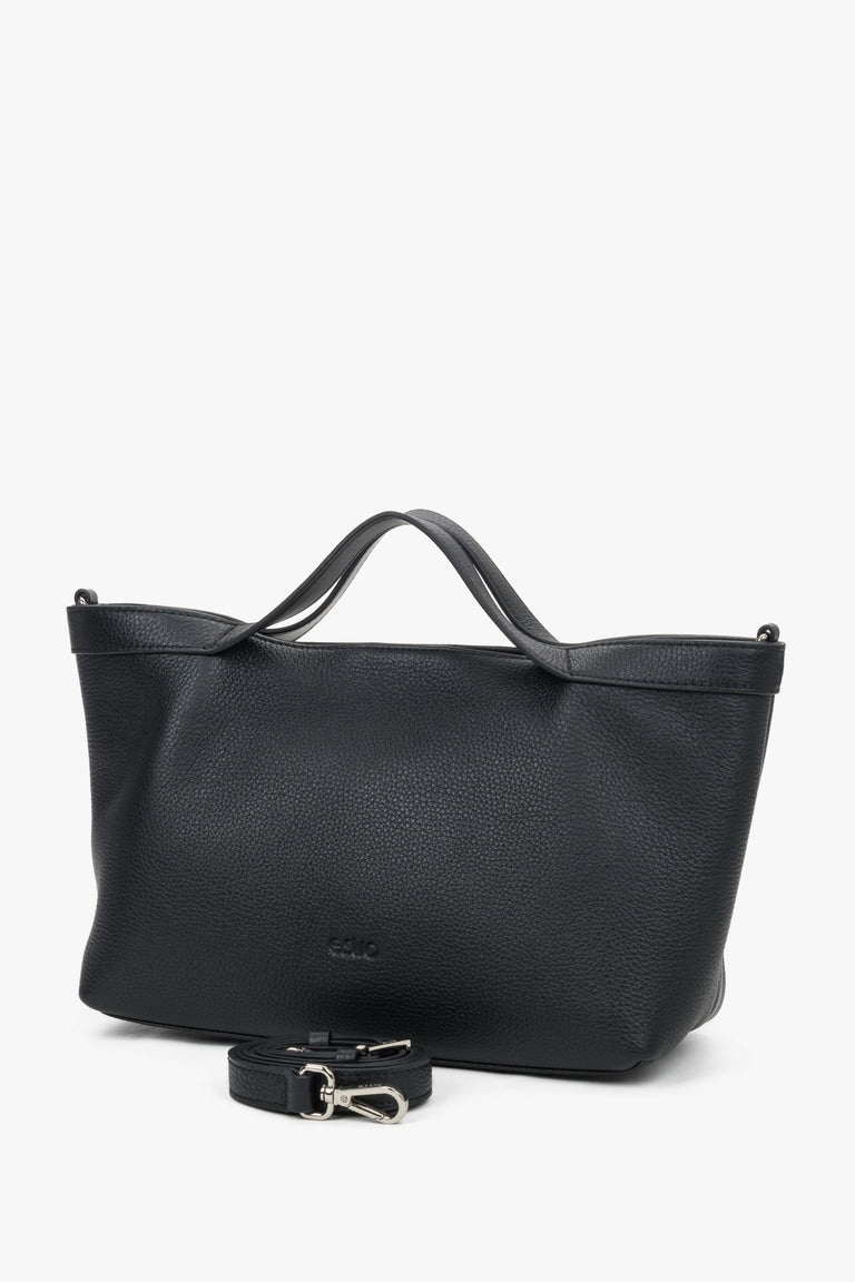 Women's Black Pebbled Genuine Leather Tote Bag With Short Handles Estro.