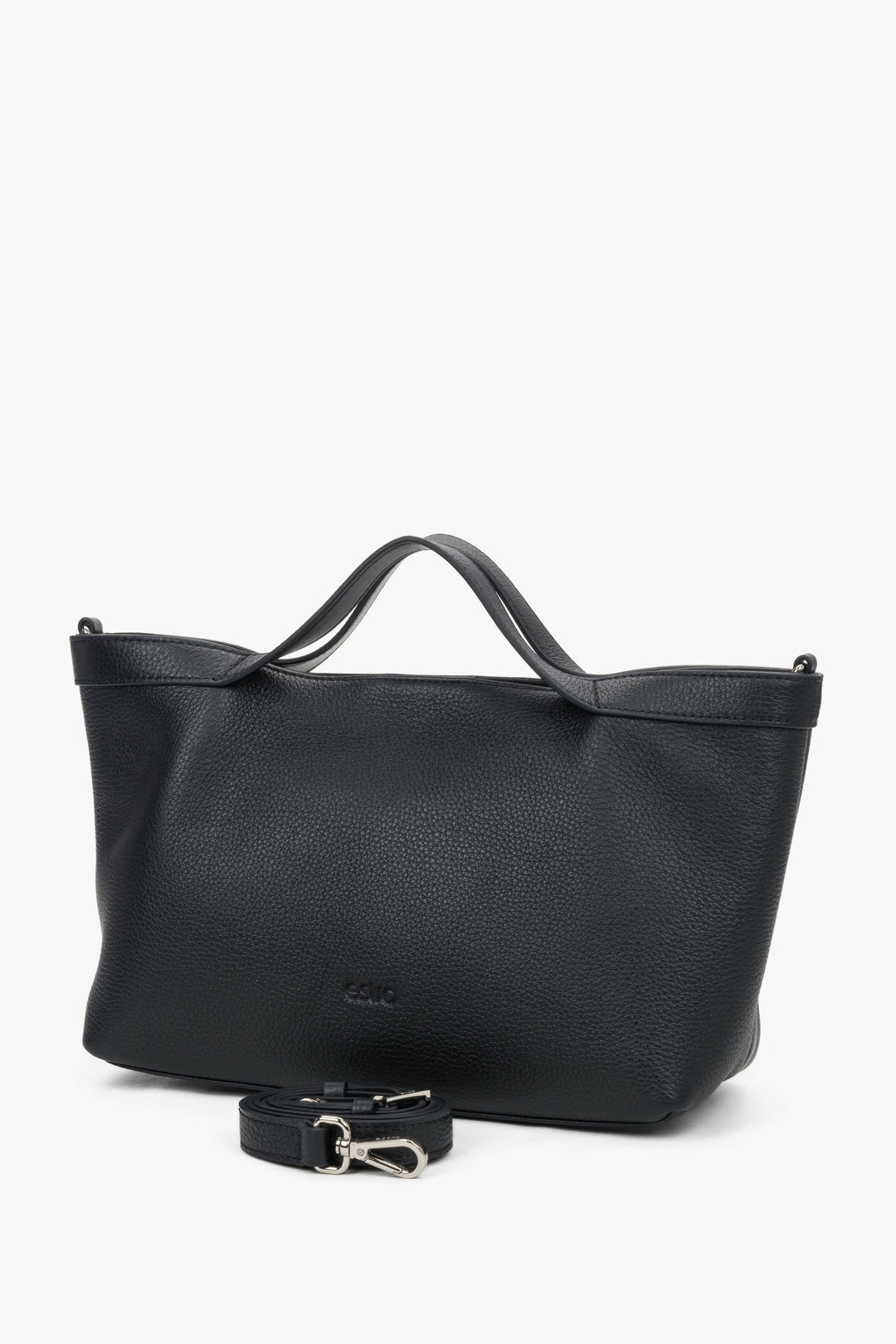 Women's Black Pebbled Genuine Leather Tote Bag With Short Handles Estro.