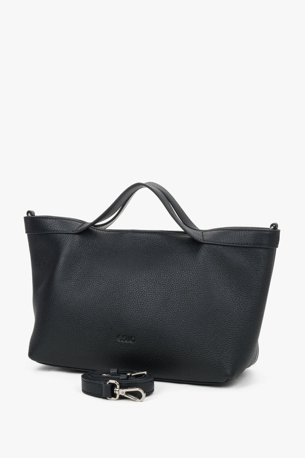 Women's Black Pebbled Genuine Leather Tote Bag With Short Handles Estro.
