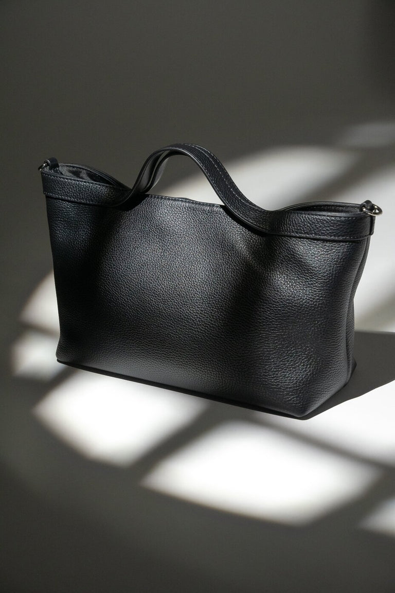 Women's Black Pebbled Genuine Leather Tote Bag with Short Handles Estro ER00120126