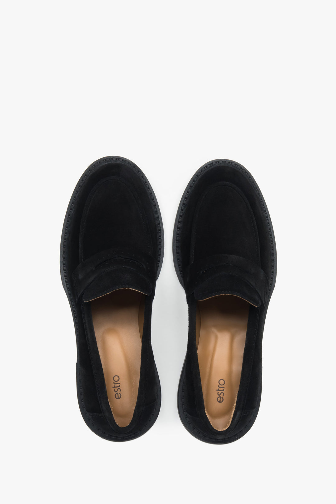 Elegant black women’s loafers by Estro, distinguished by high-quality genuine Italian suede.