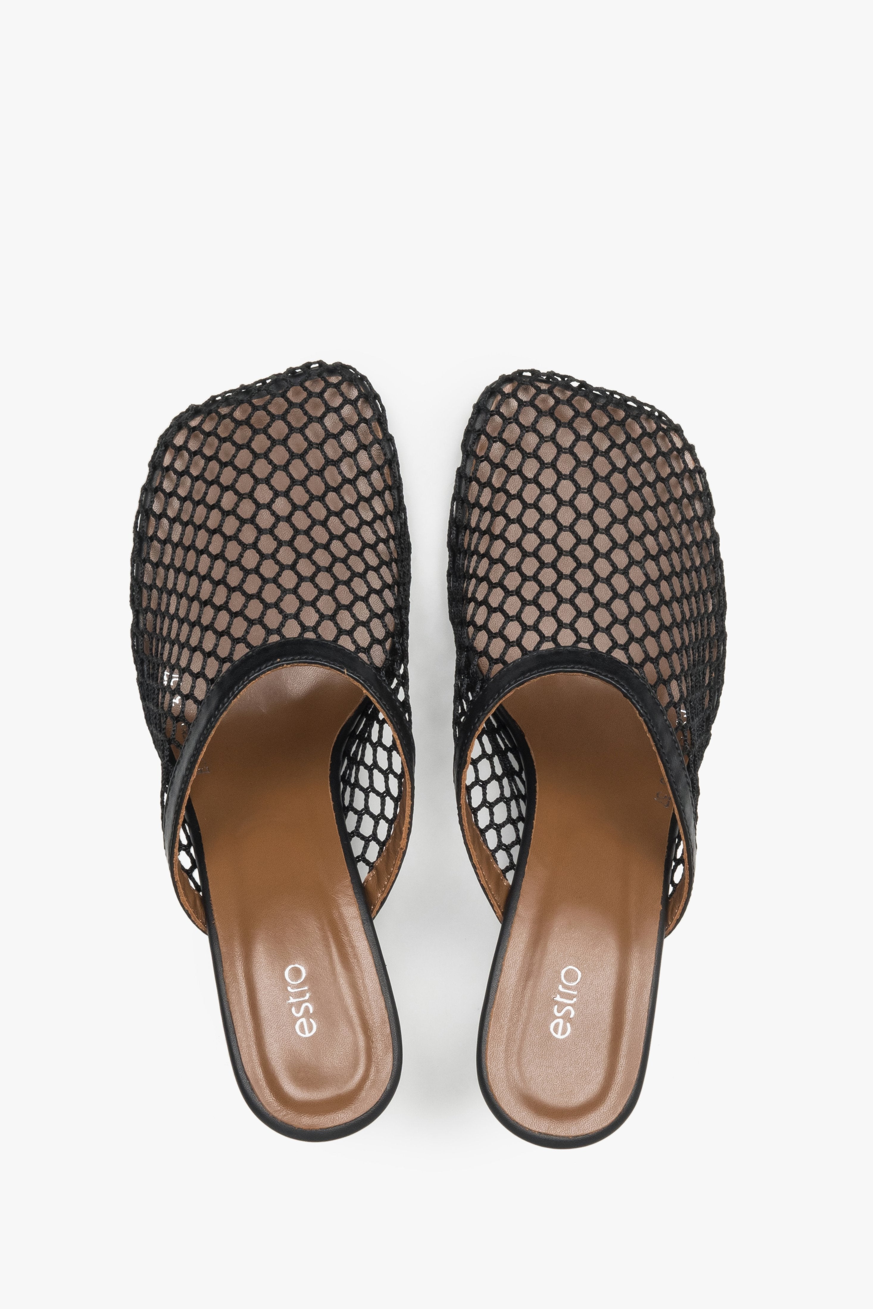 Women’s black openwork mule-style slip-on sandals on a stable stiletto heel by Estro – top view.