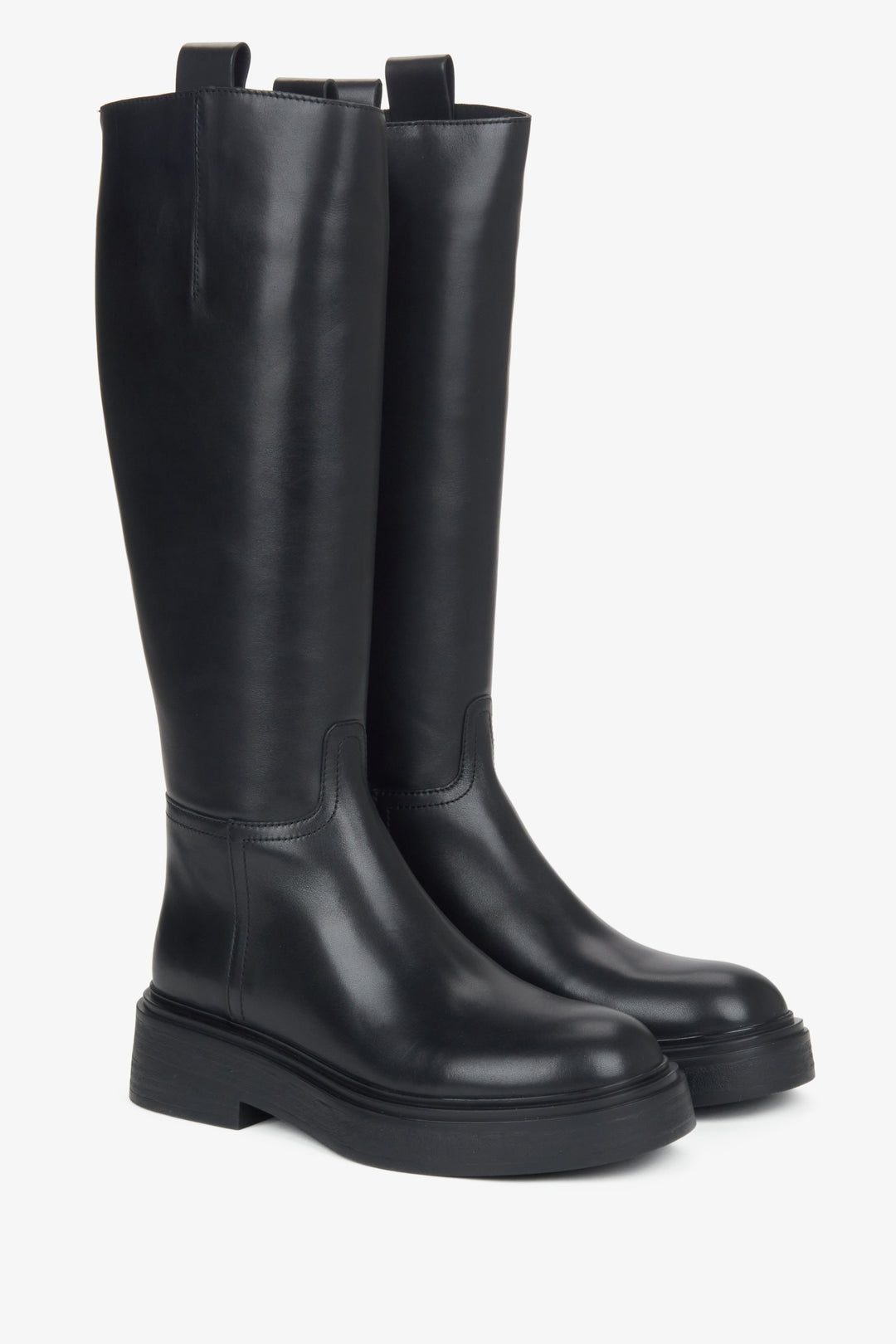 Women's black platform knee-high boots made of genuine leather Estro ER00115913.
